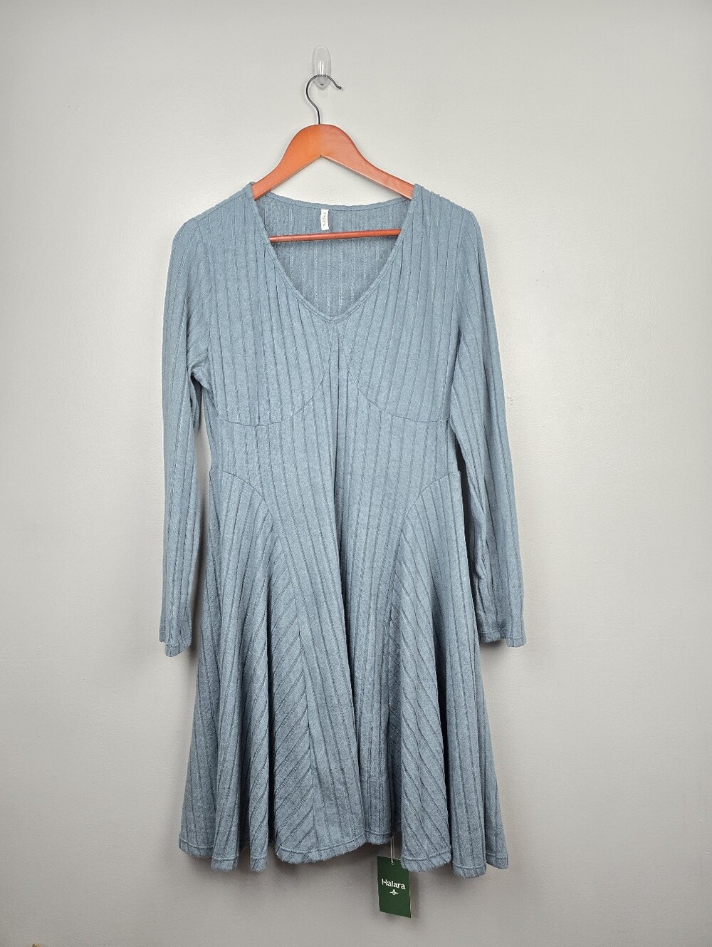 Halara‎ Ribbed Knit V-Neck Long Sleeve Flare Mini Casual Dress Blue Womens Sz XL